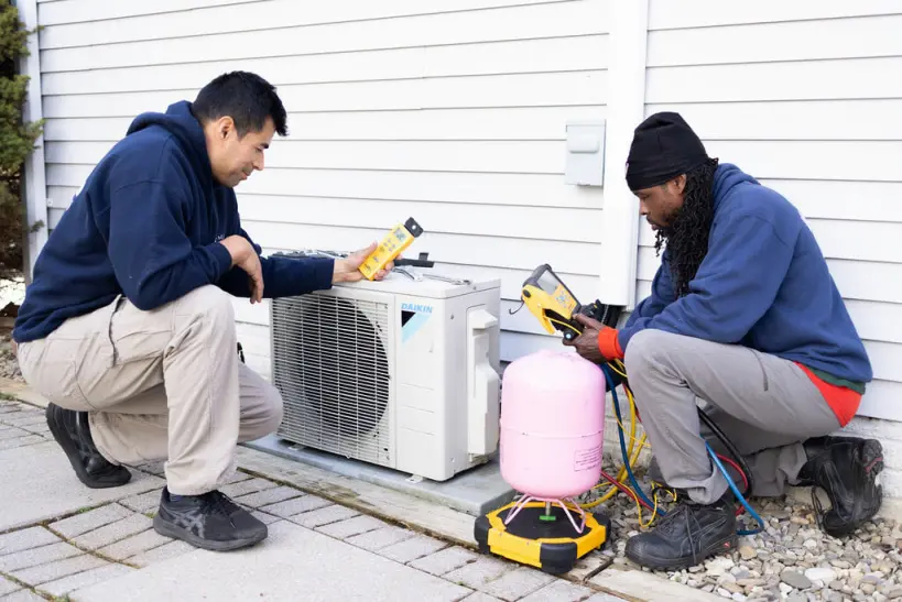 air conditioning installation service technician installing AC unit professional HVAC setup