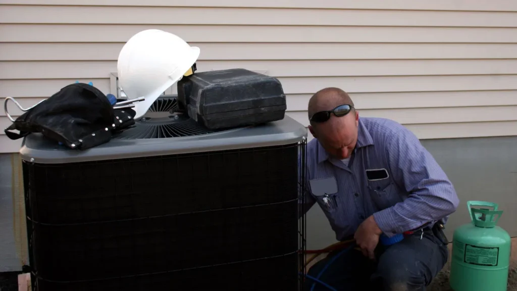 AC repair Ellicott City MD HVAC technicians fixing outdoor air conditioning system service in Maryland