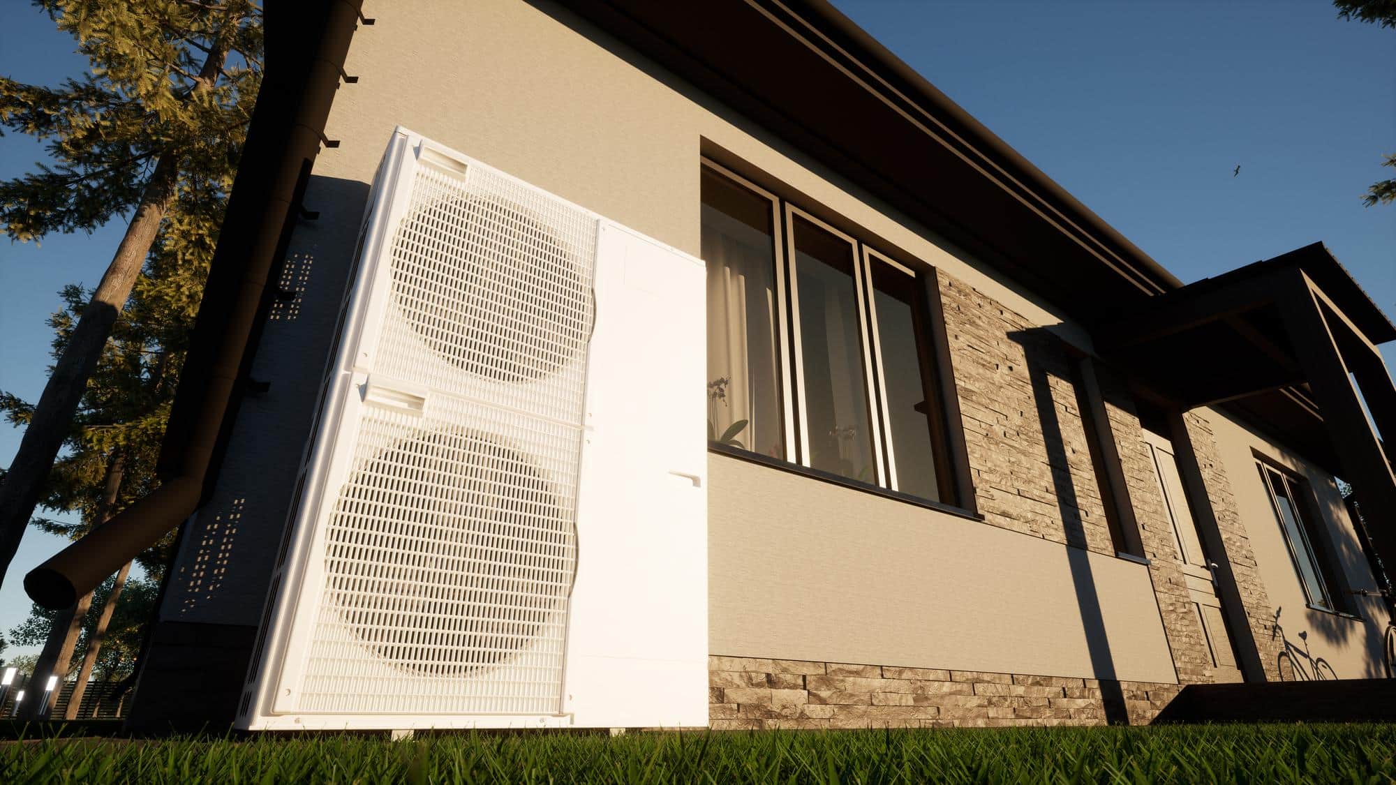 modern house exterior with wall mounted ductless mini split AC unit outdoor condenser residential cooling